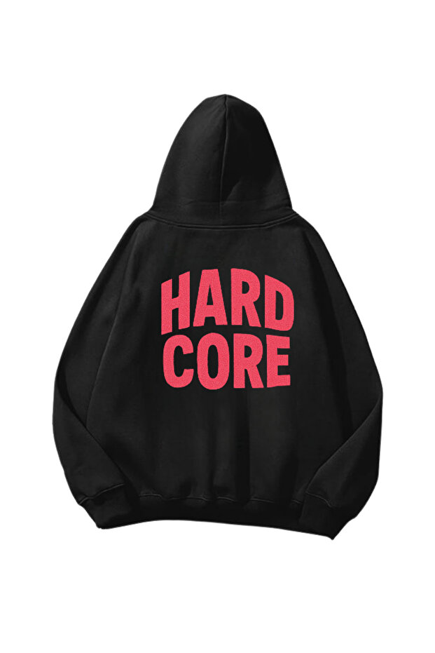 سويت شيرت هوديي أسود كبير الحجم مطبوع عليه Hard Core للجنسين
