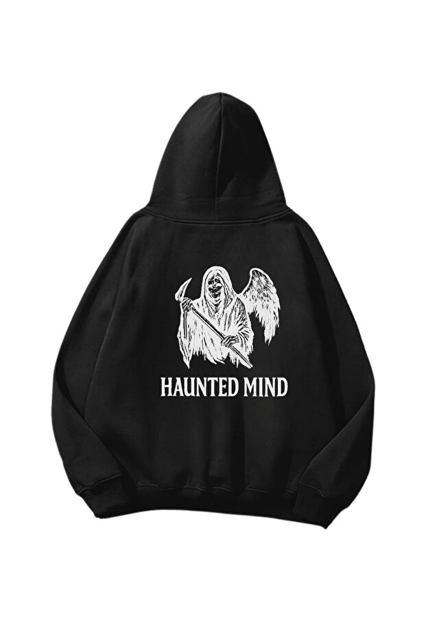 سويت شيرت هوديي أسود كبير الحجم مطبوع عليه مطبوعات من Haunted Mind للجنسين