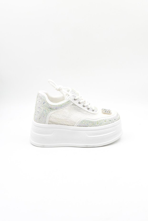Lace-Up Stone Detailed High Sole Women's Sports Shoes K25 0059 - White