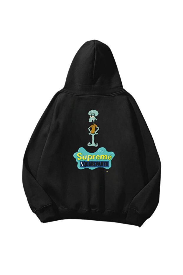 Squidward Logo Printed Black Oversize Unisex Hoodie Sweatshirt