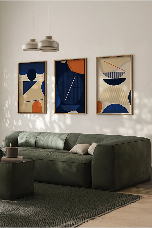 Natural Wood Framed Set of 3 Paintings - Modern Living Room Wall Decor Huhu101 - Set of Three Paintings Natural Wood Frame