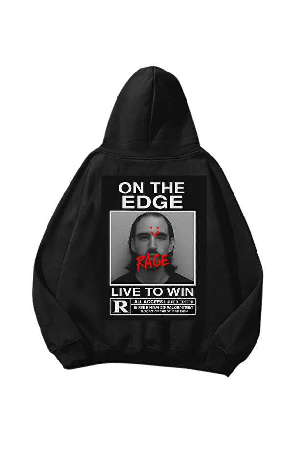 On the Edge Printed Black Oversize Unisex Hoodie Sweatshirt