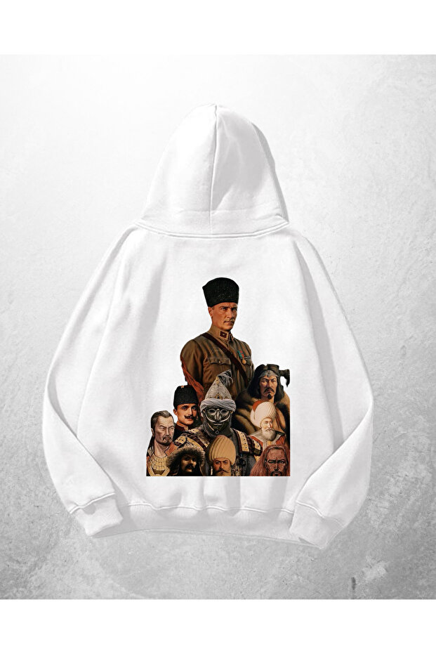 White Unisex Ataturk and Children Printed Oversize Hoodie Sweatshirt