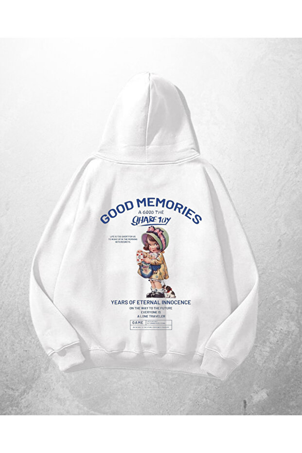 White Unisex Good Memories Printed Oversize Hoodie Sweatshirt