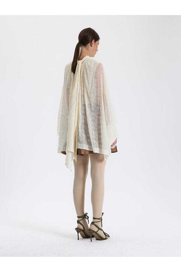 Krem Drapeli Şifon Bluz - 4