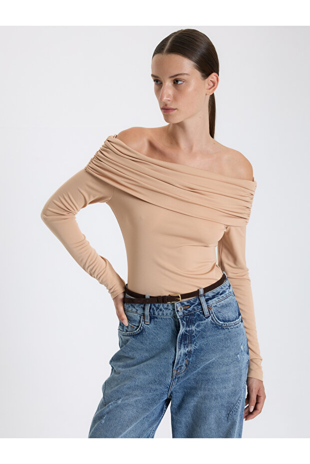 Bej Drapeli Omuz Bluz - 5