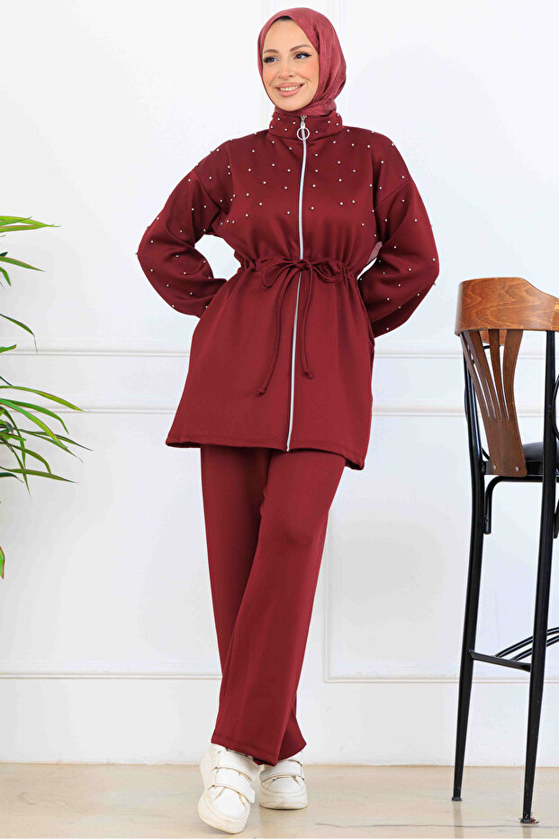 Bead Detailed Scuba Double Suit N5361 Burgundy
