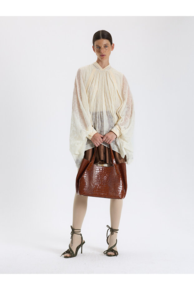 Krem Drapeli Şifon Bluz - 3