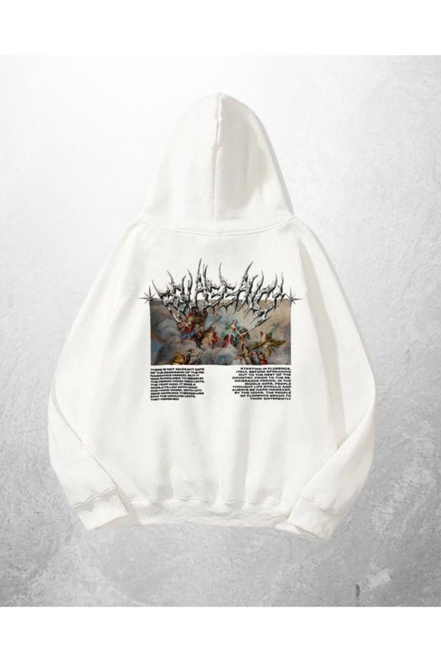 White Unisex Black Metal Logo Printed Oversize Hoodie Sweatshirt