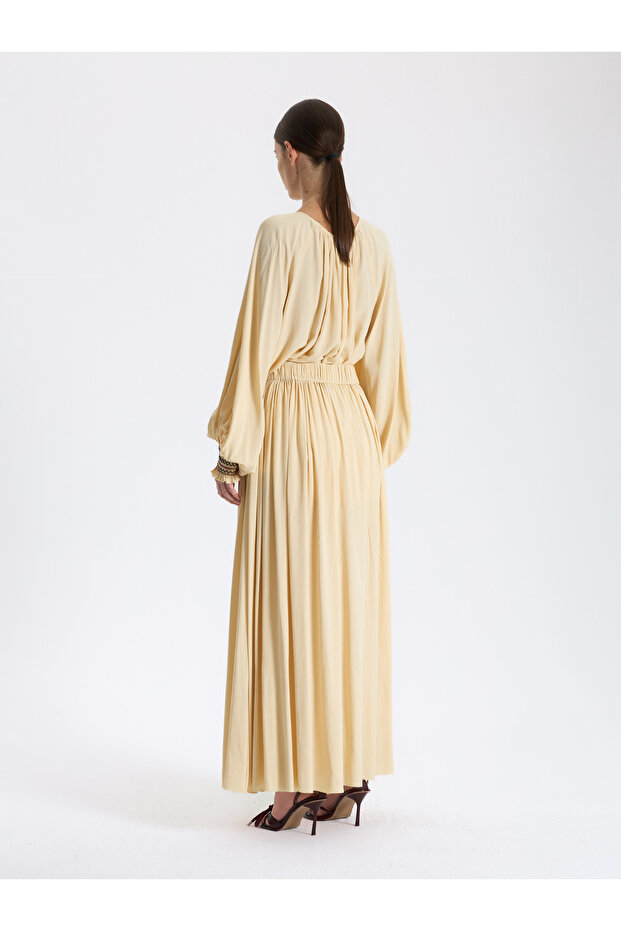 Krem Pileli Maxi Etek - 3