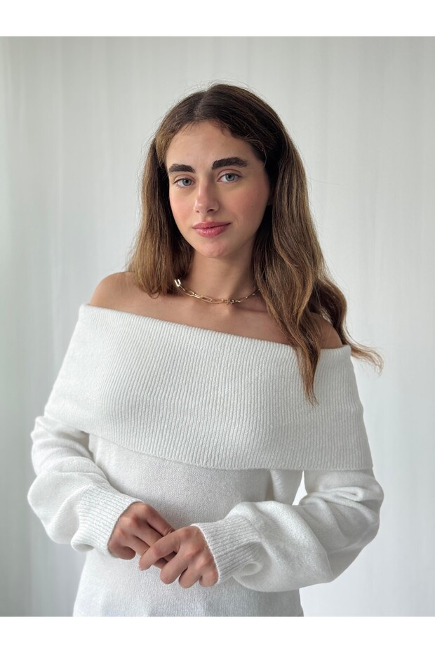Off-The-Shoulder Strapless Folded Knitwear Sweater Women's White