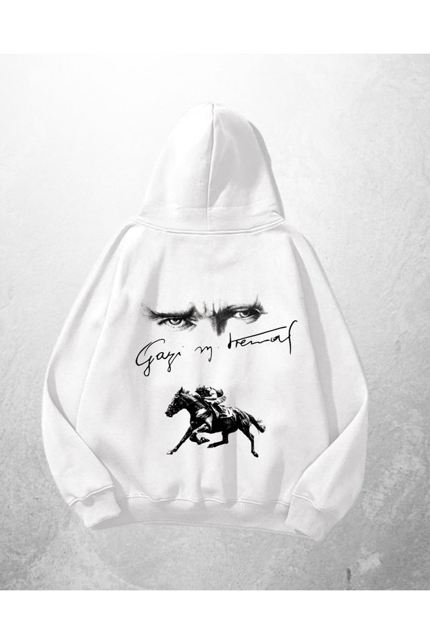White Unisex Horse Ataturk Signature Printed Oversize Hoodie Sweatshirt