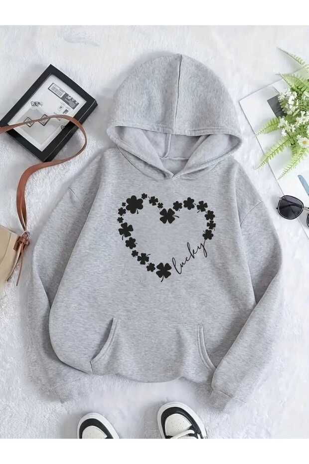 Flower Heart Fashion Print Design Trend Oversize Hooded Sweatshirt