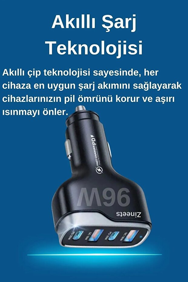 96W Hızlı Şarj 2 Type-c Ve 2 Usb Çıkışlı Araba Çakmaklık Şarj Aleti FAST Android Ve İphone - 3