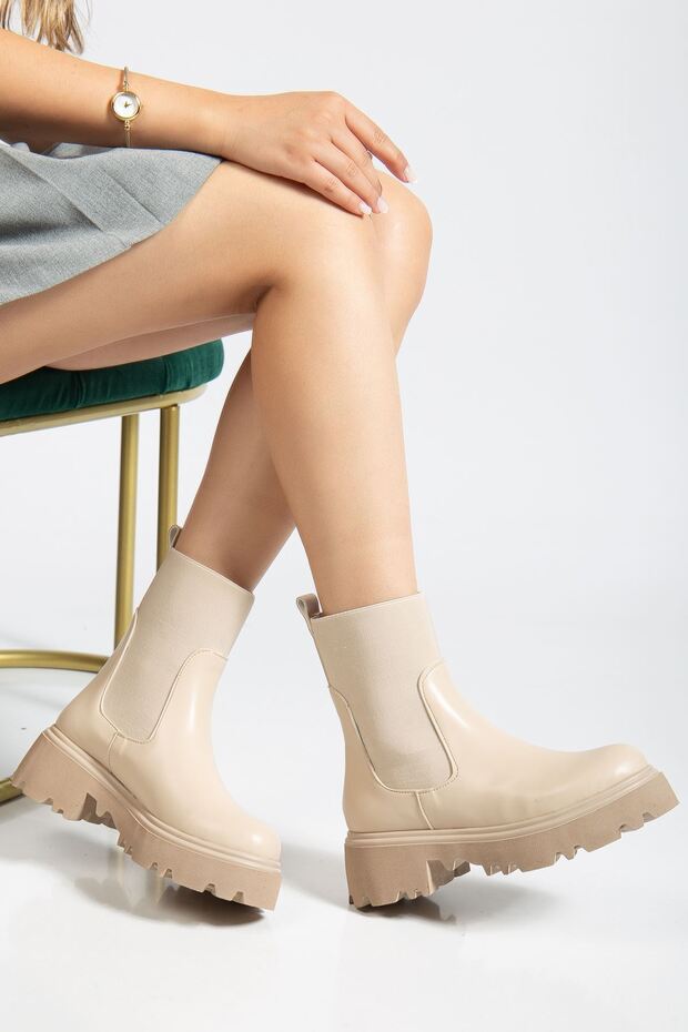 K-815 Bej Lastikli Yüksek Tabanlı Günlük Kadın Bot - 1