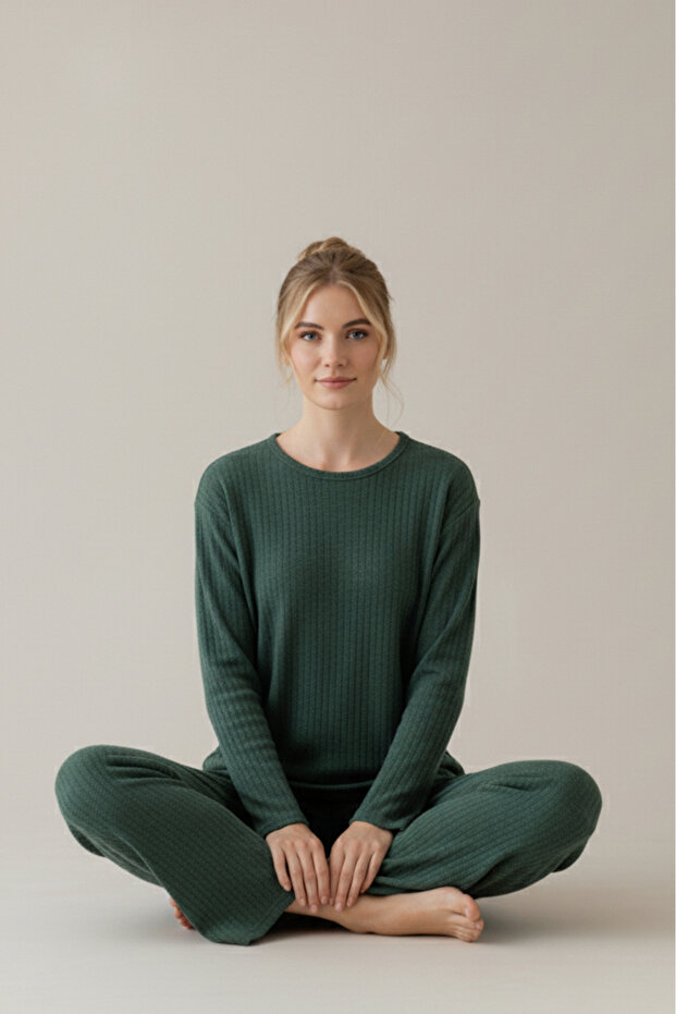 Pamuklu Kalın Kışlık Şeritli Şardonlu İnterlok Örme Pijama Takımı - 4
