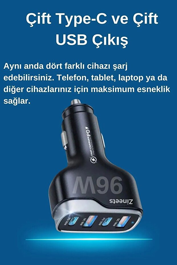 96W Hızlı Şarj 2 Type-c Ve 2 Usb Çıkışlı Araba Çakmaklık Şarj Aleti FAST Android Ve İphone - 4