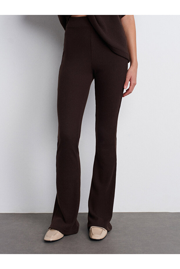 71910 Yüksek Bel Örme Pantolon-Kahve - 5