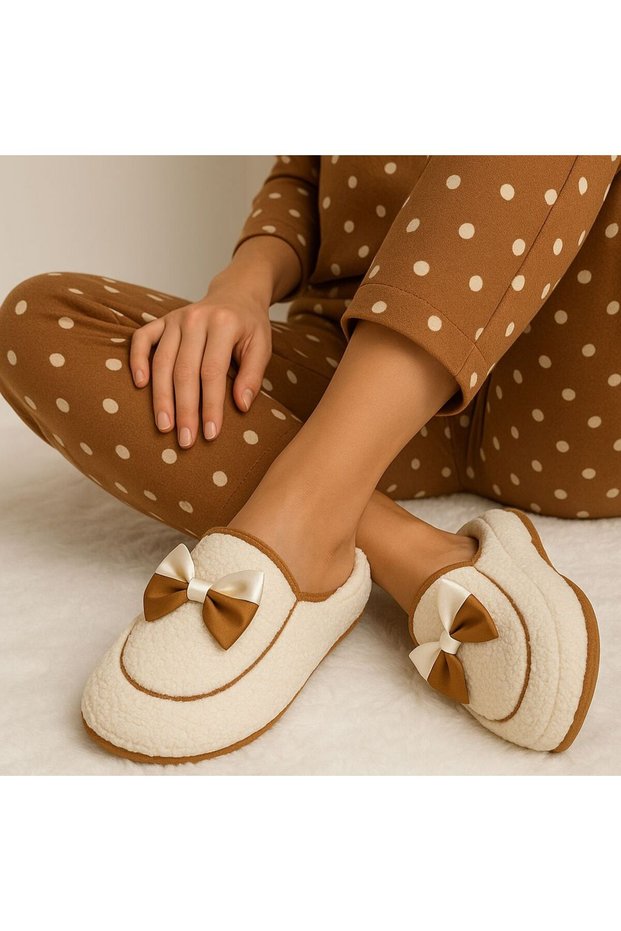 Women's White Brown Bow Plush House Slippers – Soft Sole, Winter Warm House Slippers