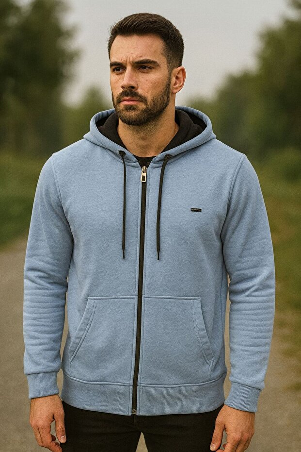 Standard Fit Regular Cut Hairless 3 Thread Hooded Zippered Sweatshirt Jacket