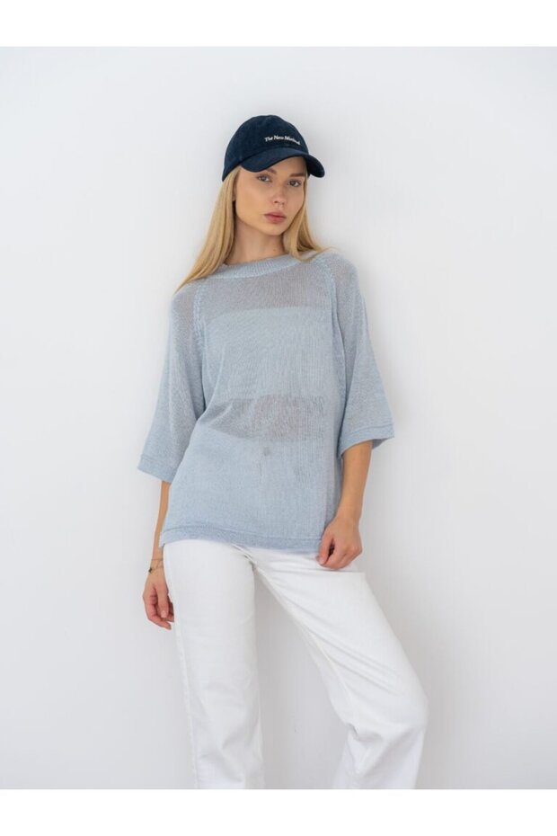 Relaxed Knit Half-Sleeve Sweater – Light Blue