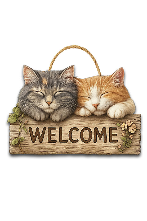 Kedi Baskılı Ahşap Kapı Süsü - 1