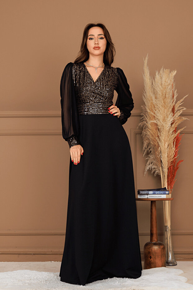 Payet Kumaş Kolları Tül Abiye Elbise - GOLD - 1