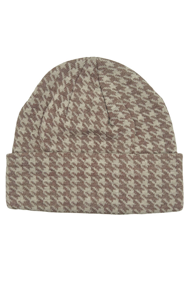 Mink & Beige Houndstooth Patterned Beanie Mink & Beige Houndstooth Patterned Folded Women's Beanie - 1