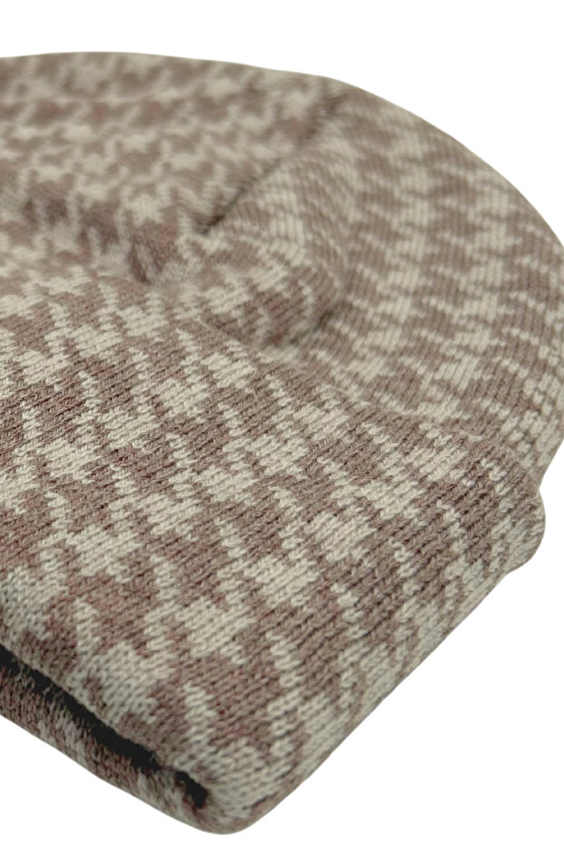 Mink & Beige Houndstooth Patterned Beanie Mink & Beige Houndstooth Patterned Folded Women's Beanie - 5