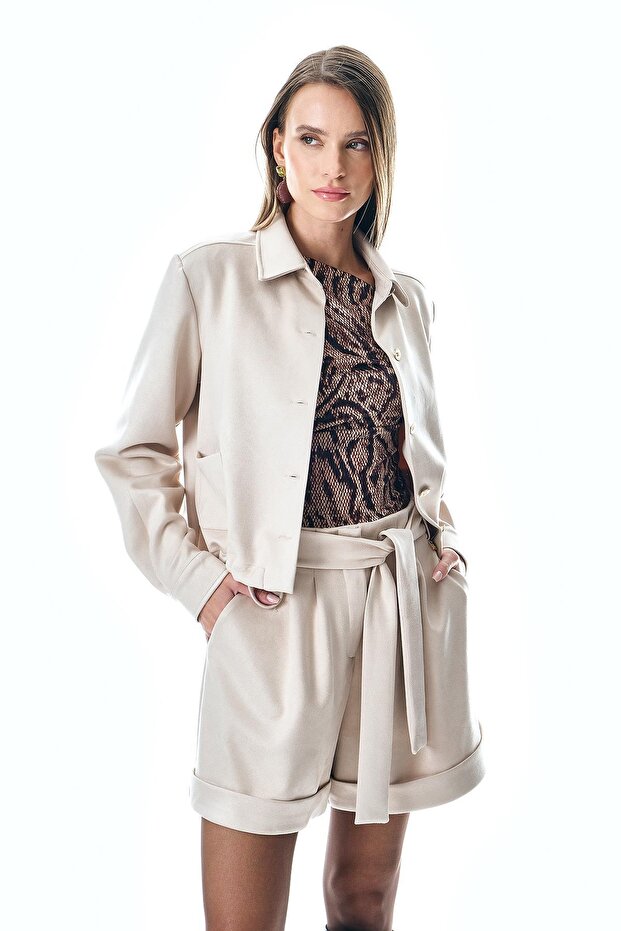 Süet Beli Kuşaklı Double Paça Şort - 1