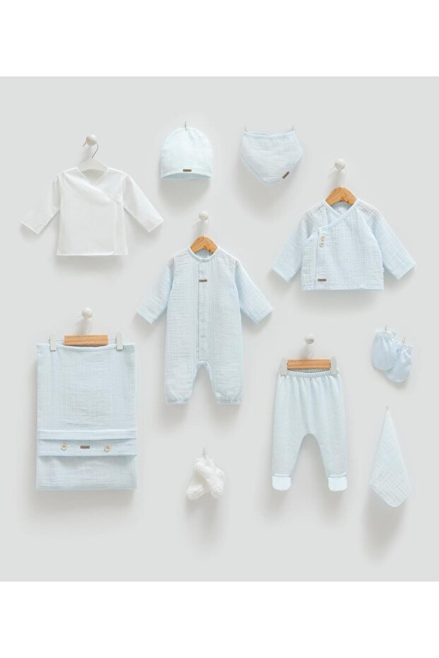 MÜSLİN 10LU ERKEK BEBEK HASTANE ÇIKIŞ SETİ - 1