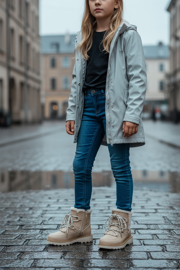 Kız Çocuk Fermuarlı krem Deri kar botu , İçi Sıcak Polar Astarlı Bot , Dişli Kaymaz Taban - 5