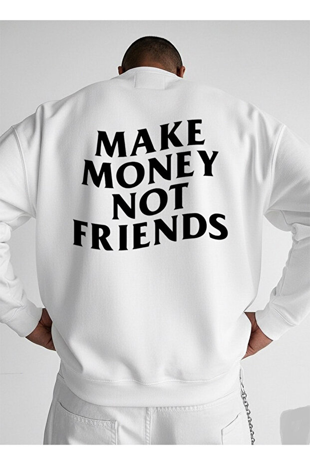 سويت شيرت أبيض كبير الحجم برقبة دائرية للجنسين مطبوع عليه NOT FRIENDS