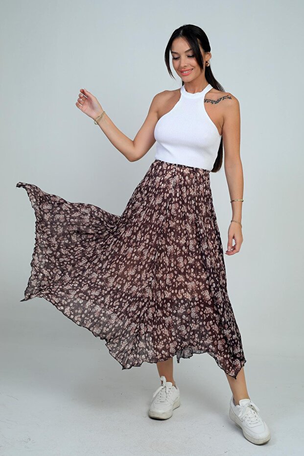Women's Elastic Waist Lined Mini Floral Midi Crinkle Triangle Skirt