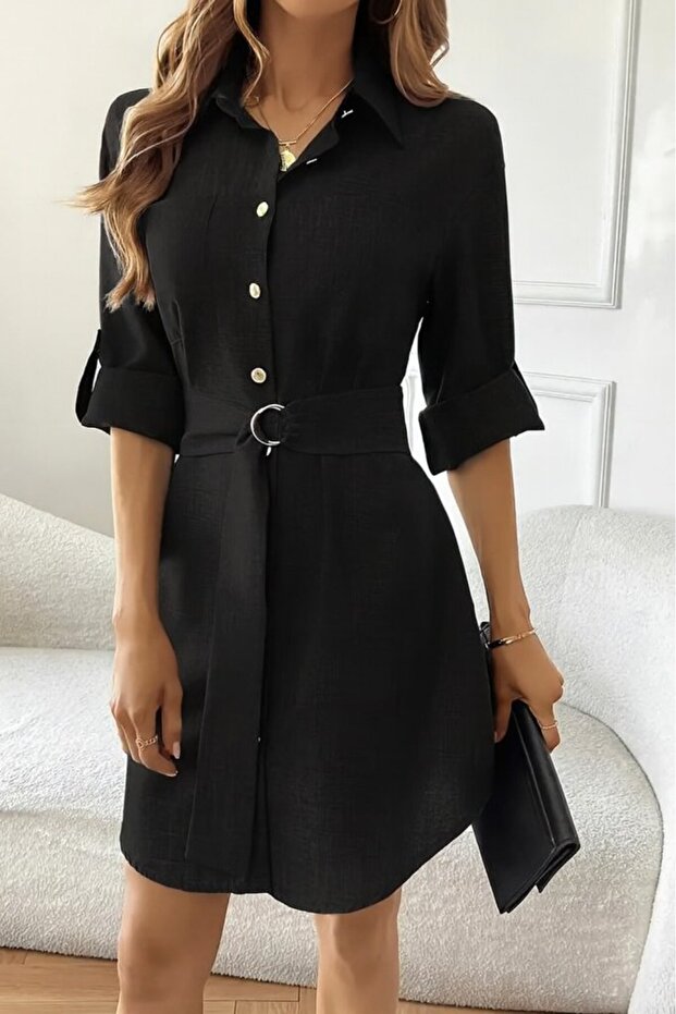 Women's Long Sleeve Collared Front Buttoned Belted Mini Imported Linen Dress