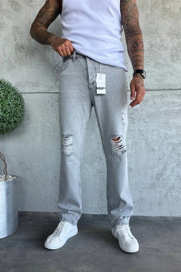 Men's Baggy Fit Gray Ripped Detailed Denim Jean Trousers Ke-561