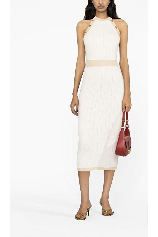 Luxury Model Gold Knitwear Midi Dress with Button Accessories