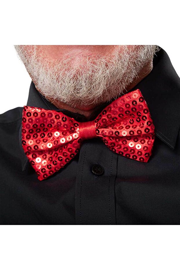 Gece Işıltısı Kırmızı Payetli Pullu Papyon 7x2 cm - 1