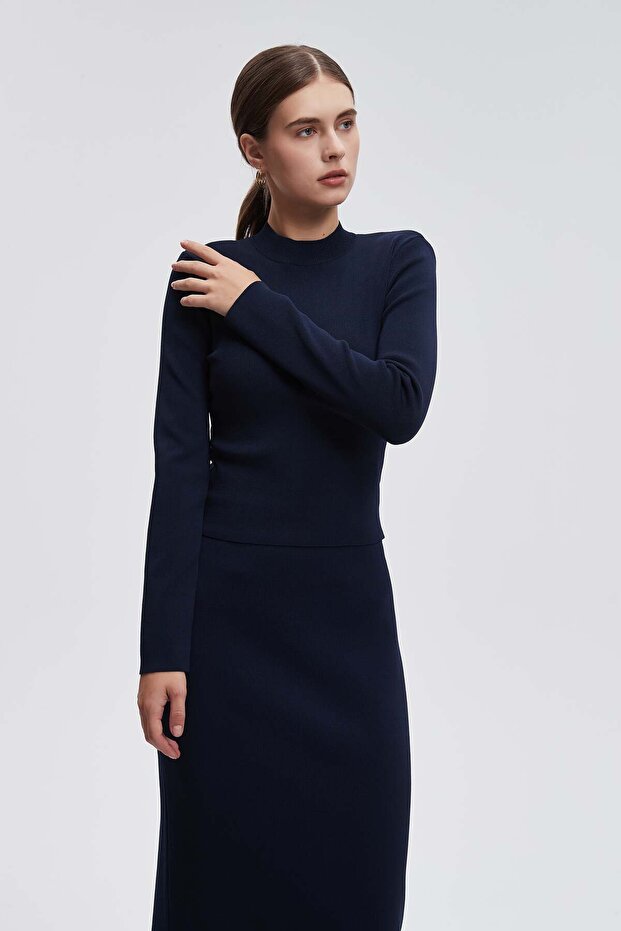 High Neck Long Sleeve Solid Blouse - 8