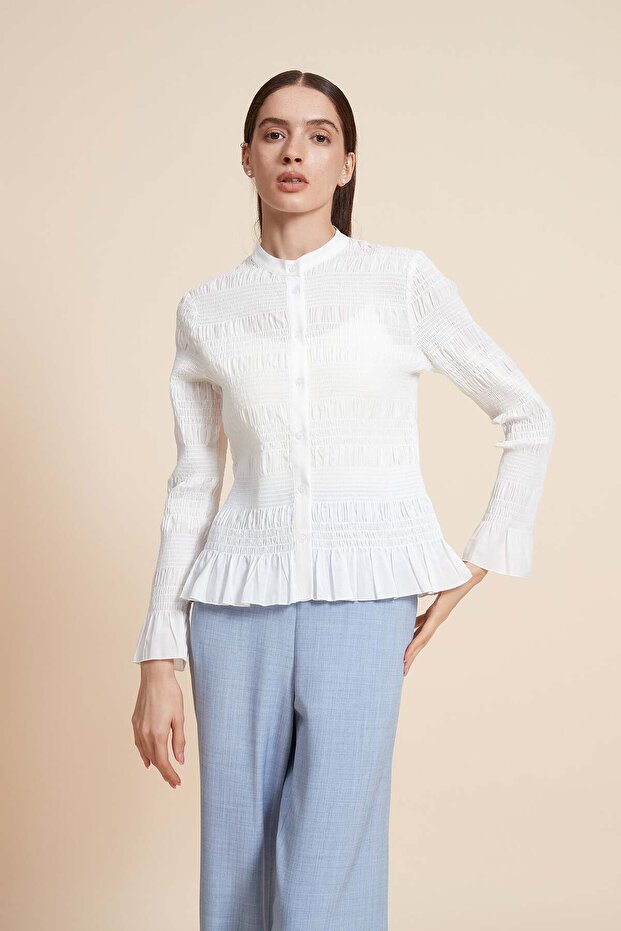 Ruffled Long Sleeve Solid Blouse - 1