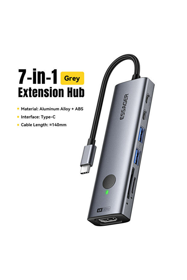 موزع USB-C رمادي 7 في 1، يدعم دقة 4K، 7 منافذ من النوع C إلى HDMI، يدعم الشحن السريع PD بقدرة 100 واط، يدعم بطاقات SD وTF، منفذ USB 3.0 بسرعة 5 جيجابت في الثانية، متعدد المنافذ