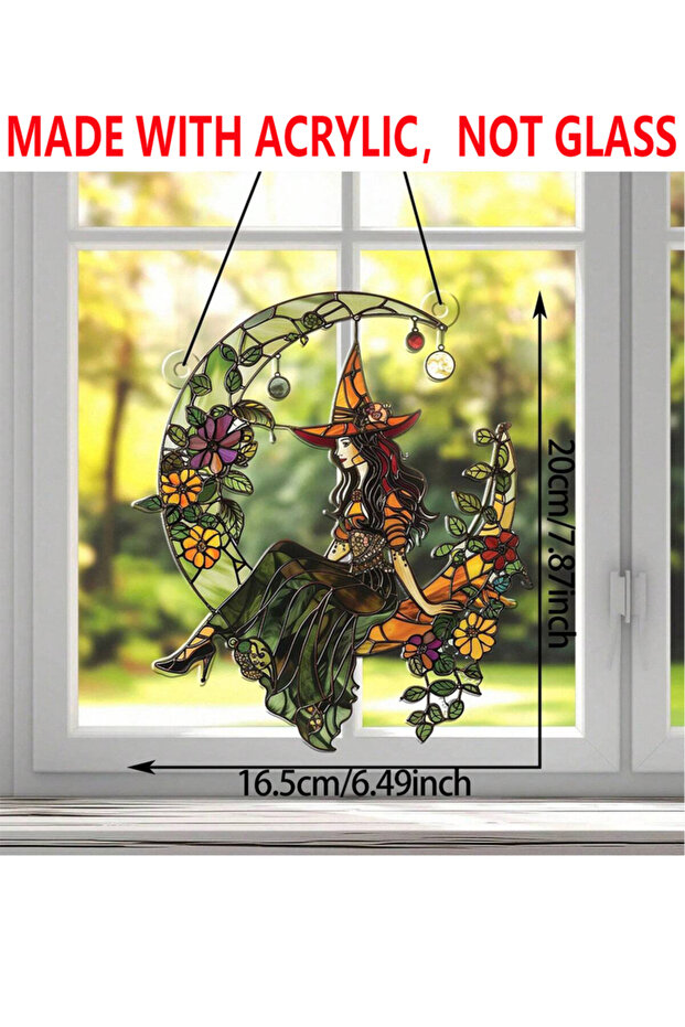 Pendant MS10800 Acrylic Halloween Witch on Moon Suncatcher, Colorful Floral, Art Leaf, Crescent Moon