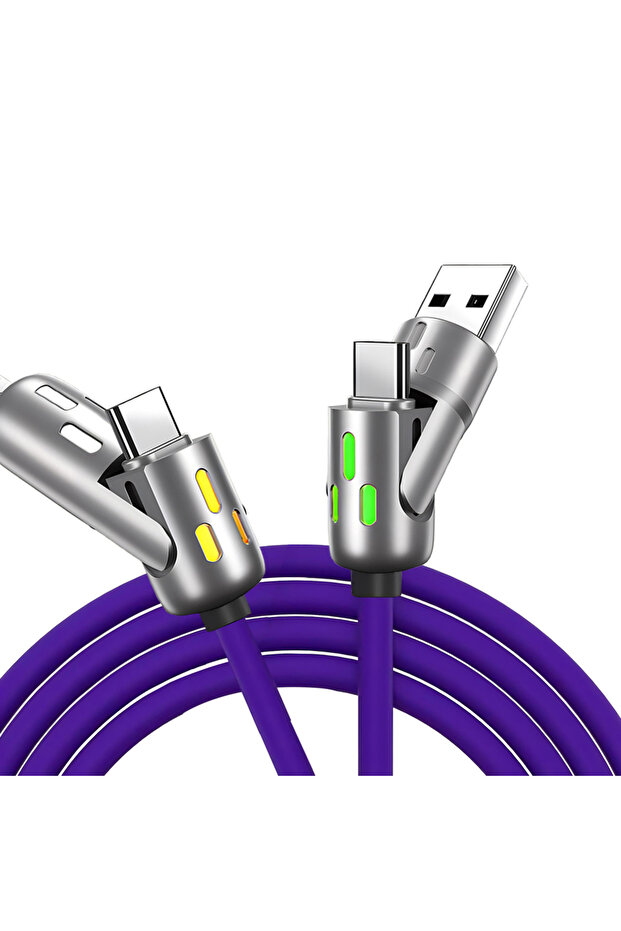 شاحن متعدد الواجهات 4 في 1 بنفسجي بطول 1 متر بمرفق دوار من USB إلى Type-C للهواتف المحمولة بطول 1 متر بقوة 240 واط شحن سريع