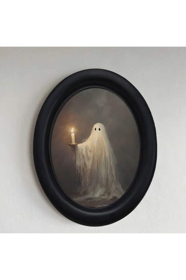 black A Handcrafted Victorian Gothic Wooden Ornament - Cute Little Ghost with a Candle, Black Oval F