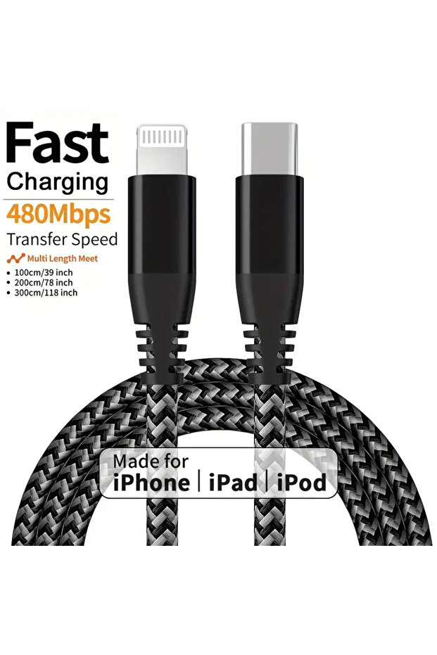 كابل USB-C إلى Lightning معتمد من MFi، أسود، من النايلون المنسوج، بطول 3 أمتار، للشحن السريع ونقل البيانات لأجهزة iPhone.