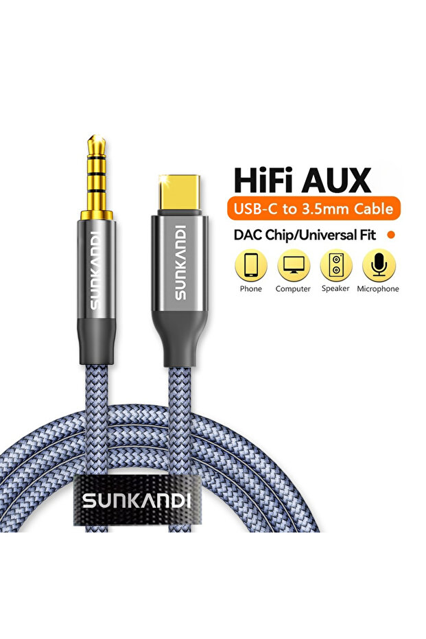 كابل صوت وفيديو USB-A/Type-C/Micro USB/Lightning بطول 1.2 متر باللون الرمادي من SUNKANDI، كابل USB C إلى 3.5 ملم للصوت