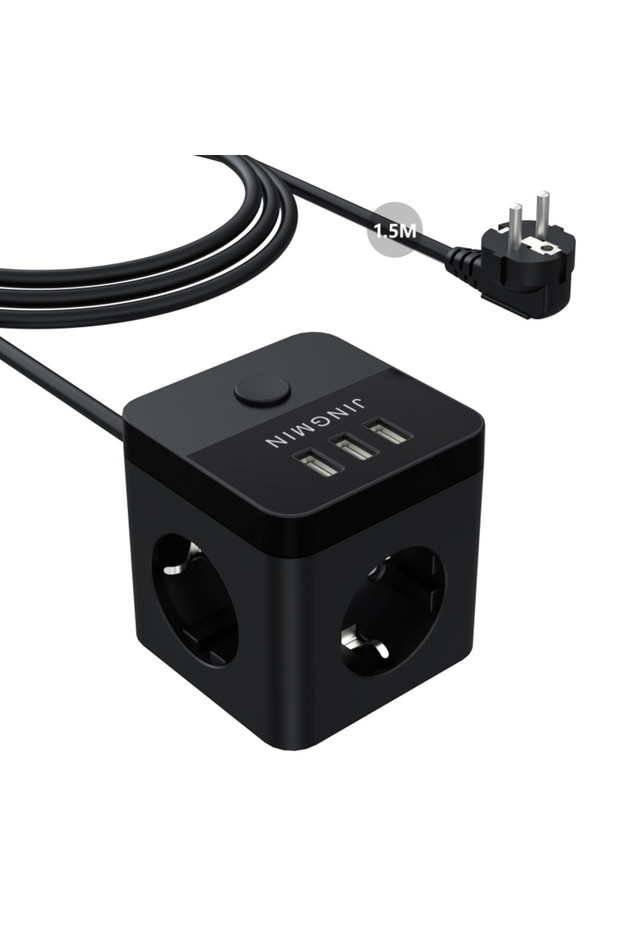 EU Plug black Extension Cord Power Socket Multi-Outlet Power Strip with 3 AC Outlets 3 USB with Swit - 1