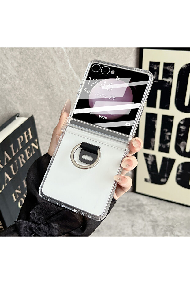 Galaxy Z Flip7 Clear Luxury Matte Silicone Original Ring Holder Phone Case For Z Flip 7 6 5 Screen