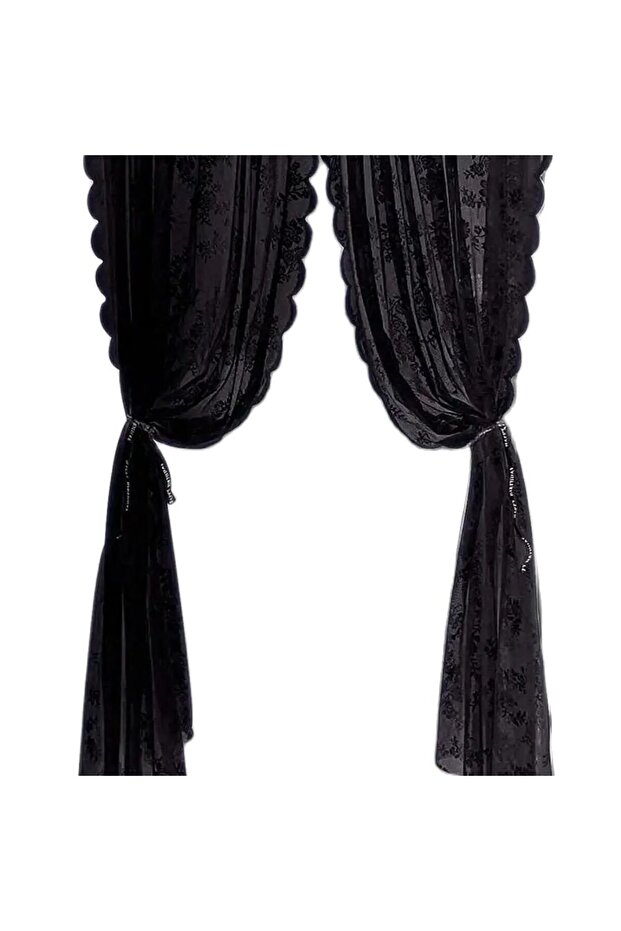Fixed Pleat 100x100cm black BLACK Floral Lace Sheer Rod Pocket Curtain Panel