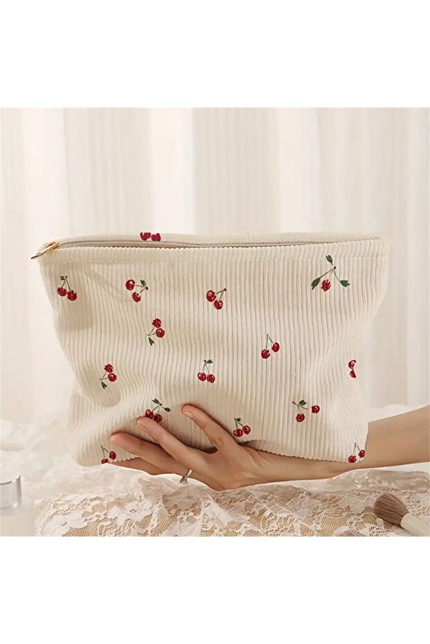 Cherry Cherry Printed Corduroy Makeup Bag Lightweight Zipper Makeup Storage Box Multifunctional Bag